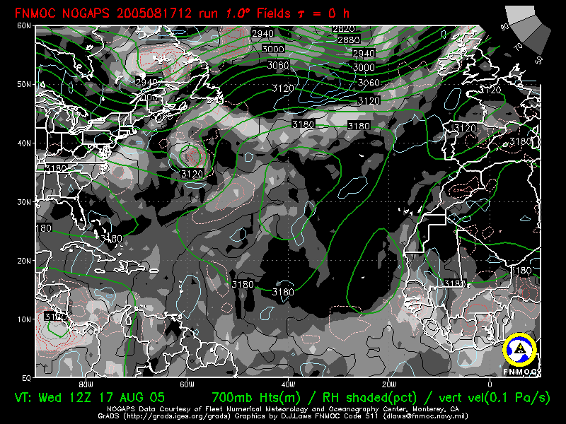 product: 700 hPa heights ; Rel. Hum. [%] ; Vertical Velocity [Pa/s], area: Atlantic, tau: 000 